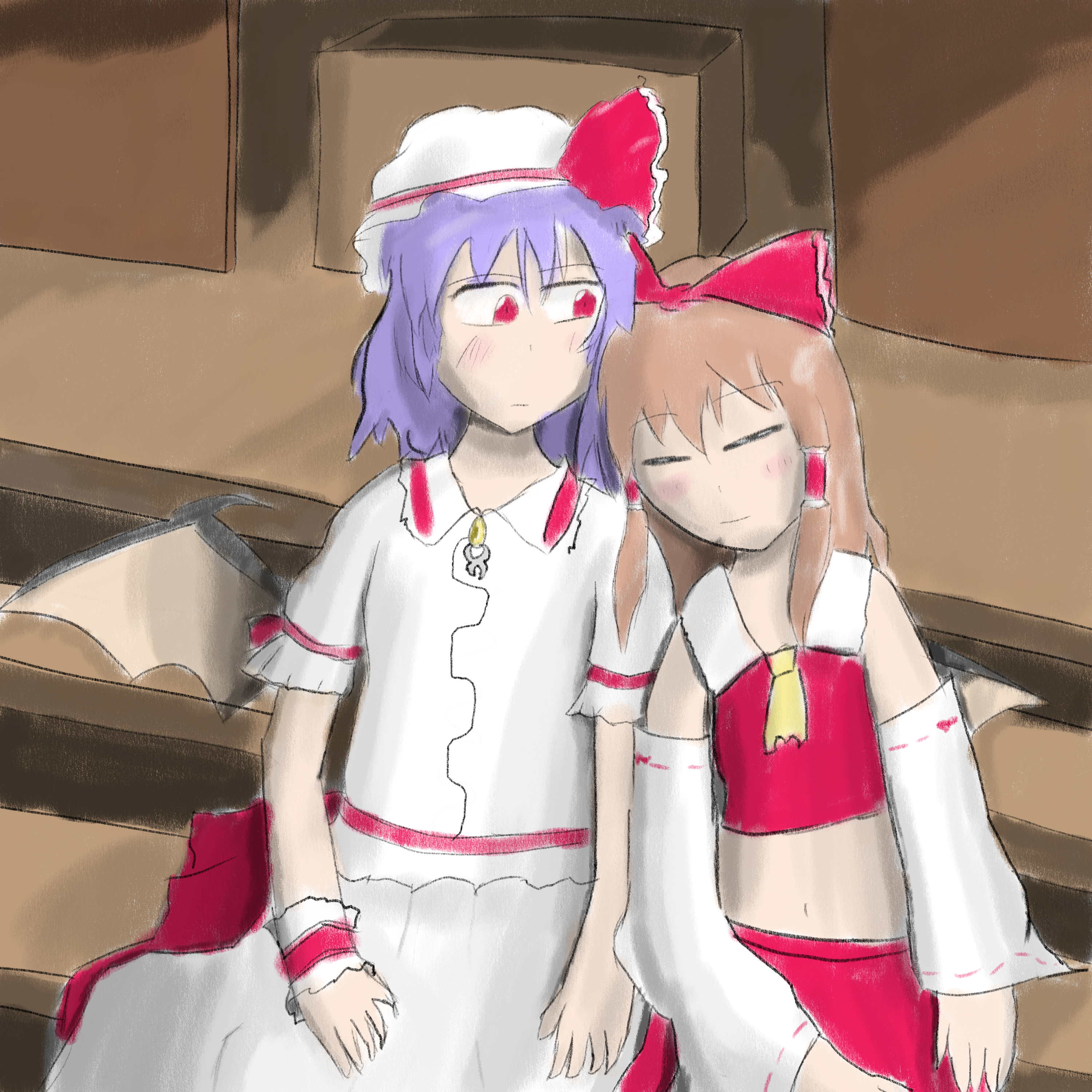 fan art of reimu and remillia from touhou